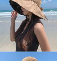 Visera anti ultravioleta tejida de paja para mujer Summer Sun con pegamento negro grande junto al mar, sombrero para el sol transpirable - details 15