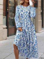 Elegante Vestido Maxi Floral Casual Cuello Redondo con Volantes Manga Larga - details 3