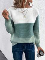 Elegant Three-color Patchwork Sweater Women Daily Commuter Casual Loose Jumpers Female Autumn Winter Knitted Thickened Warm Tops - details 12
