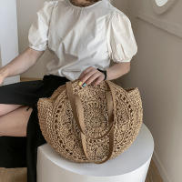 Bolso redondo de paja para mujer, bolsa de hombro de gran capacidad, tejido hueco, informal, ideal para ir de compras - details 1