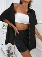 Conjunto de camisa de dos piezas de color sólido con pantalones cortos de moda para mujer, informal, suelto, manga corta, una sola fila - details 29