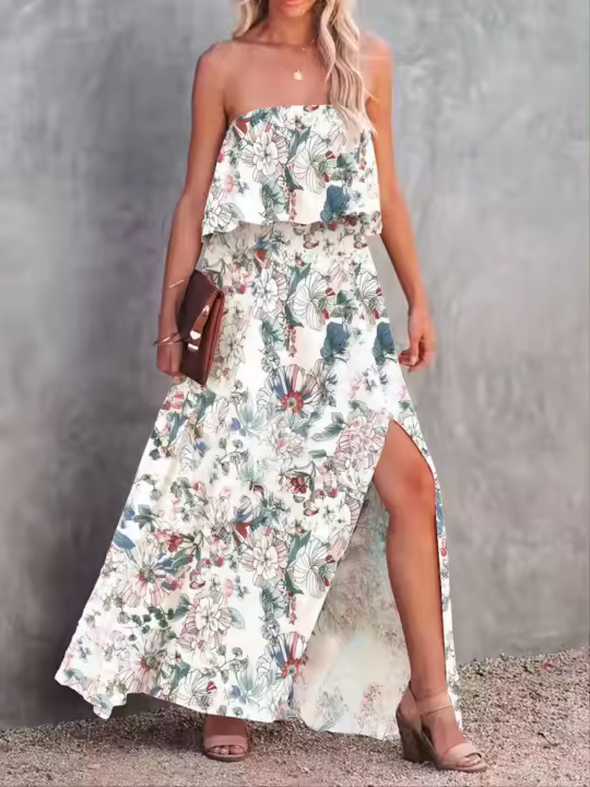 Vestido estampado con volantes y un solo hombro - 1