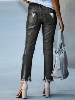 Pantalones vaqueros ajustados recortados con dobladillo crudo rasgados, pantalones ajustados de cintura alta, ropa de mezclilla para mujer - details 3