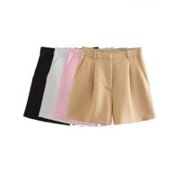 Bermudas con dardos frontales y bolsillos laterales a la moda para Mujer, pantalones cortos Vintage de cintura alta con cremallera, pantalones cortos para Mujer - details 1