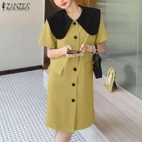 ZANZEA moda verano cuello de solapa vestido veraniego de manga corta Vestidos de oficina para mujer 2025 Casual Patchwork Vestidos de vacaciones bata Mujer - details 4