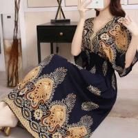 Casual bohemio estilo nacional con cuello en V cintura elástica gran Swing impreso verano Falda larga mujer vestido ropa - details 4