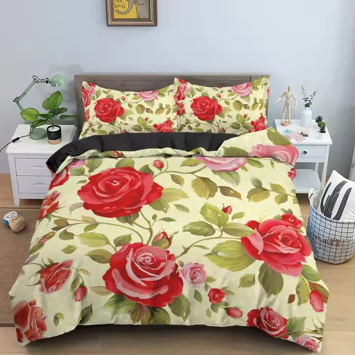 Juego de Ropa de Cama Floral 3D de Lujo Cubierta de Edredón, Funda de Almohada con Rosas - 1