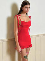 Vestido corto ajustado de verano, sexy, con tirantes finos, fruncido, espalda descubierta, lazo y volantes para mujer - details 3