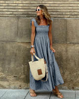 Vestido largo elegante a cuadros para mujer, vestido largo sin tirantes con volantes y espalda descubierta, plisado, cintura elástica, bohemio, para fiesta, holgado - details 2
