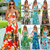 Vestidos largos con cuello en V para mujer, sin mangas, cintura alta, playa, Maxi, azul, rosa, estampado S - details 0