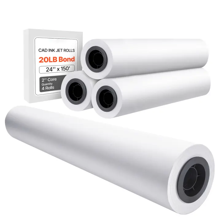 SucceBuy Papel de formato ancho, papel para plotter de 24 pulgadas x 150 pies, 4 rollos de papel CAD Bond con núcleo de 2 pulgadas, rollos de papel Bond de 20 LB, ideal para dibujos CAD, planos de ingeniería, mapas GIS y diseños arquitectónicos - 1