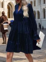 Otoño e Invierno suelto Color sólido con cuello en V vestidos de manga larga para mujer nuevo en elegante Retro Casual Midi vestido femenino - details 12