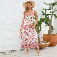 Vestidos largos bohemios para mujer, cuello en V, sin mangas, cintura alta, Maxi, estampados rojos, Playa - details 6