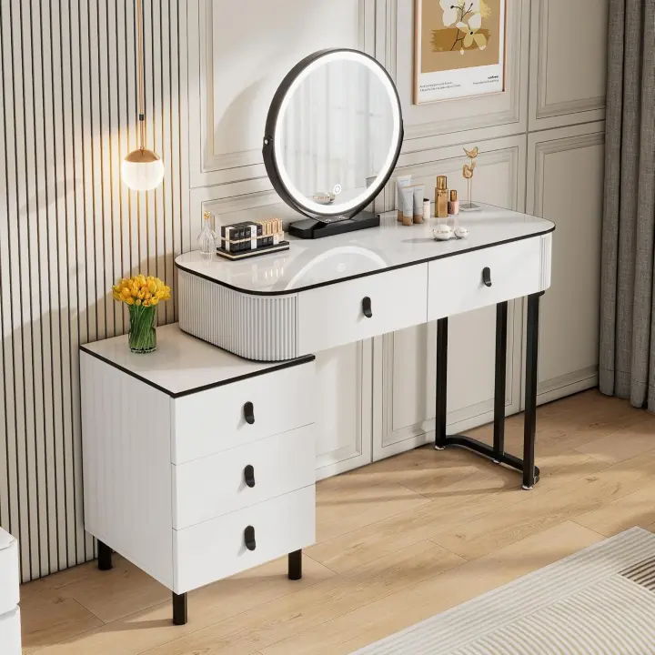 Con Luz Regulable en 3 Niveles, 5 Cajones de Madera Maciza, Mesa Con Cajonera, Montaje Flexible, - 1