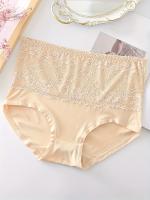 Paquete de 4 Bragas Elegantes de Talle Alto para Tallas Grandes, Tejido de Punto de Nylon 90% Spandex 10% con Detalle de Encaje de Contraste, Color Liso, Ligeramente Elástico, Bragas de Ajuste Cómodo - details 3