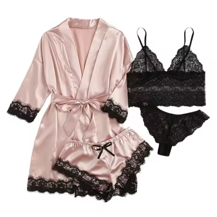 Pijama a la moda para mujer, conjunto de pijama de satén de seda sintética con ribete de encaje Sexy, ropa de descanso cómoda y agradable para la piel, pijamas sexis - 1