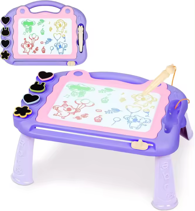 Tablero de dibujo magnético, 30 x 23 cm, 4 colores, tablero para garabatos, borrable, con 4 sellos y patas extraíbles, juguete educativo para niños de 2, 3, 4, 5 y 6 años, color rosa - 1