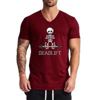 Human Skeleton Deadlift Barbell Gym Cotton V-Neck Short Sleeve T-shirts Mens Summer Breathable Slim Fit Casual Sports T Shirts - details 10
