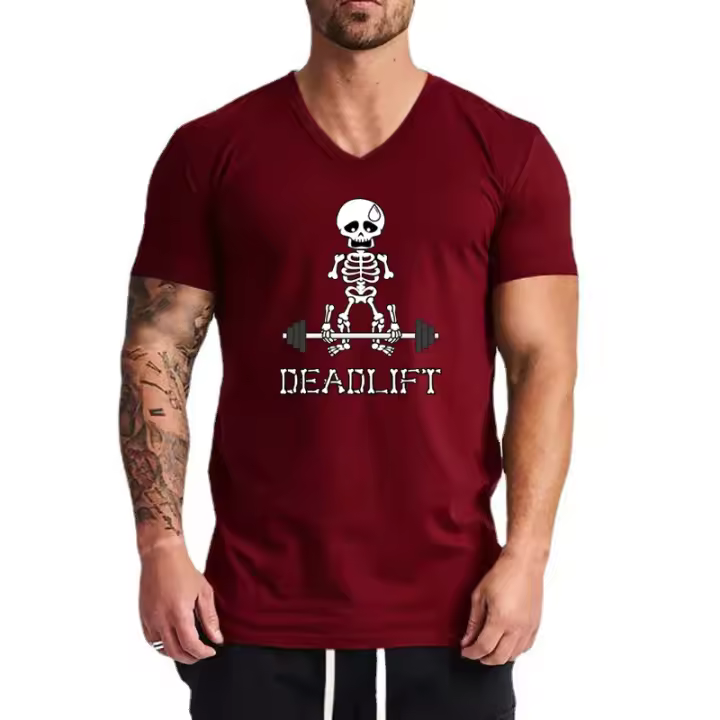 Human Skeleton Deadlift Barbell Gym Cotton V-Neck Short Sleeve T-shirts Mens Summer Breathable Slim Fit Casual Sports T Shirts - 1