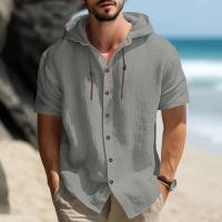 Camisa de lino y algodón de manga corta para hombre, informal, color sólido, con capucha, talla grande, ropa de hombre - details 11