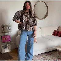 Elegante camisa delgada con tirantes huecas de leopardo para mujeres, blusa de manga corta o blusa de cuello - details 14