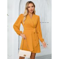 Vestido corto elegante para mujer con cuello en V manga larga de color sólido - details 9