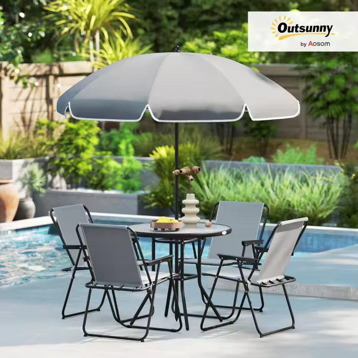 Conjunto de Mesa y Sillas Jardín de 6 Piezas Muebles de Jardín Exterior con 4 Sillas Plegables Mesa de Vidrio y Sombrilla para Terraza Patio Gris - 1