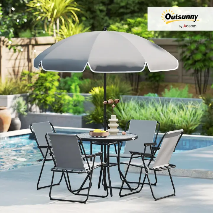 Conjunto de Mesa y Sillas Jardín de 6 Piezas Muebles de Jardín Exterior con 4 Sillas Plegables Mesa de Vidrio y Sombrilla para Terraza Patio Gris - 1