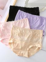Paquete de 4 Bragas Elegantes de Talle Alto para Tallas Grandes, Tejido de Punto de Nylon 90% Spandex 10% con Detalle de Encaje de Contraste, Color Liso, Ligeramente Elástico, Bragas de Ajuste Cómodo - details 0