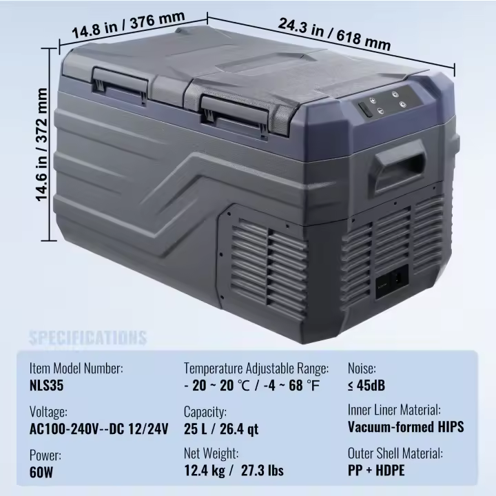 SucceBuy Refrigerador para automóvil, refrigerador portátil con reposabrazos para automóvil de 12 voltios, congelador de zona única de 15 L, -4 ℉ -68 ℉   Enfriador de compresor ajustable, 12/24 V CC y 100-240 V CA para aventuras al aire libre y acampadas - 1