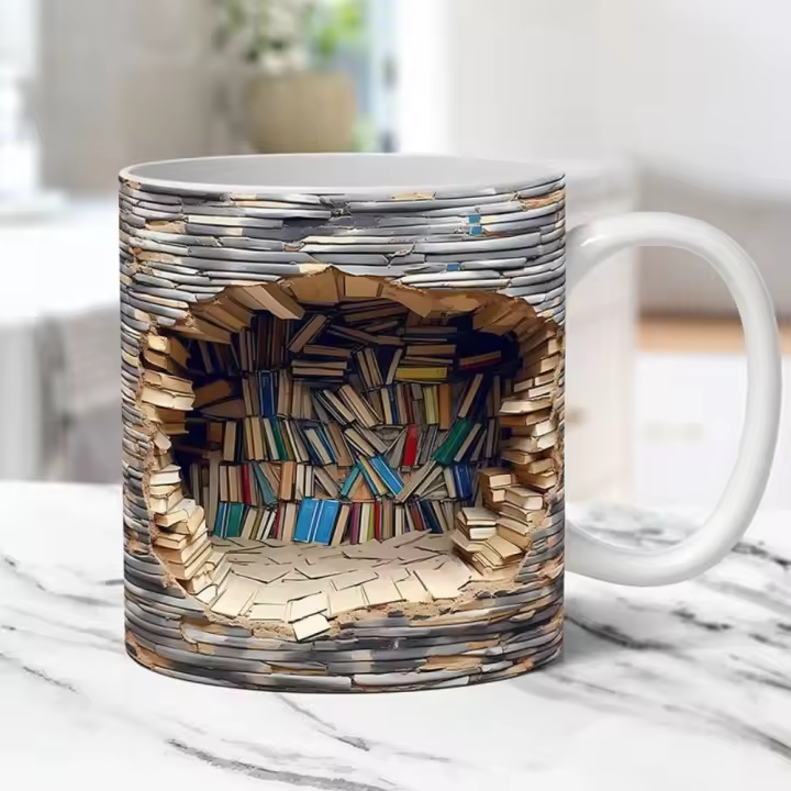 Taza de estantería 3D, taza de estante de biblioteca, diseño creativo del espacio, tazas multiusos, tazas blancas, amantes de los libros, taza de café - 1