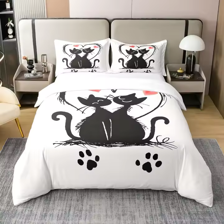 Juego de Cubierta de Edredón de Gato Kawaii Polyester Ligero Tamaño de Reina - 1