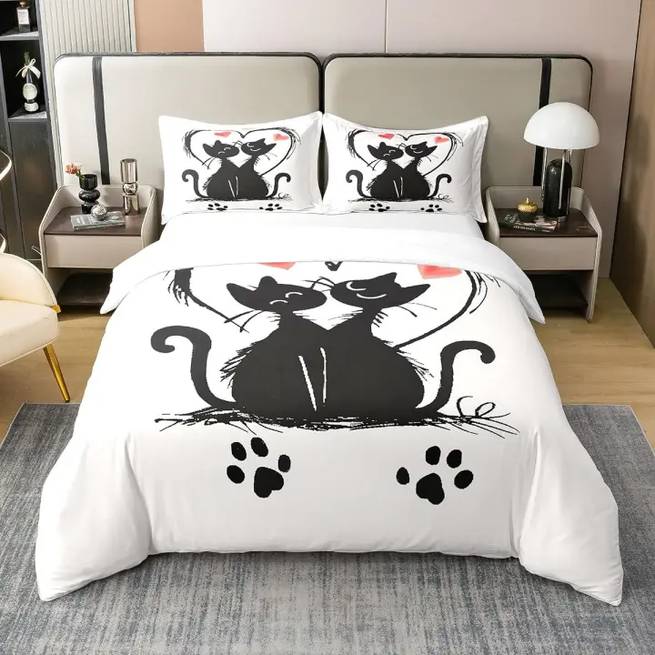 Juego de Cubierta de Edredón de Gato Kawaii Polyester Ligero Tamaño de Reina - 1
