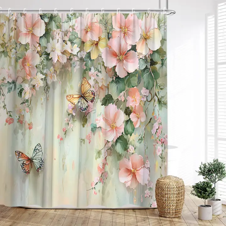Cortina de ducha de flores botánicas de vid, rosa, Floral, planta rústica, tela de poliéster, cortinas de baño decorativas para el hogar con ganchos - 1