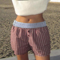 Pantalones cortos básicos cómodos e informales sueltos con botones de cintura elástica tejidos a rayas de verano para mujer - details 47