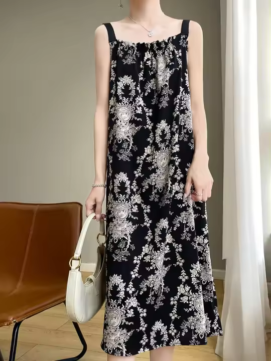Vestido de tirantes de satén para mujer 2025 verano nuevo estilo perezoso versátil estampado falda de chaleco de vacaciones junto al mar - 1