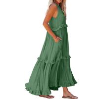 Vestido De Camisola Para Mujer Estilo Europeo Y Americano Verano Nuevo Con Aros Largo Y Volante Sin Mangas Cuello En V Vestido Largo - details 10