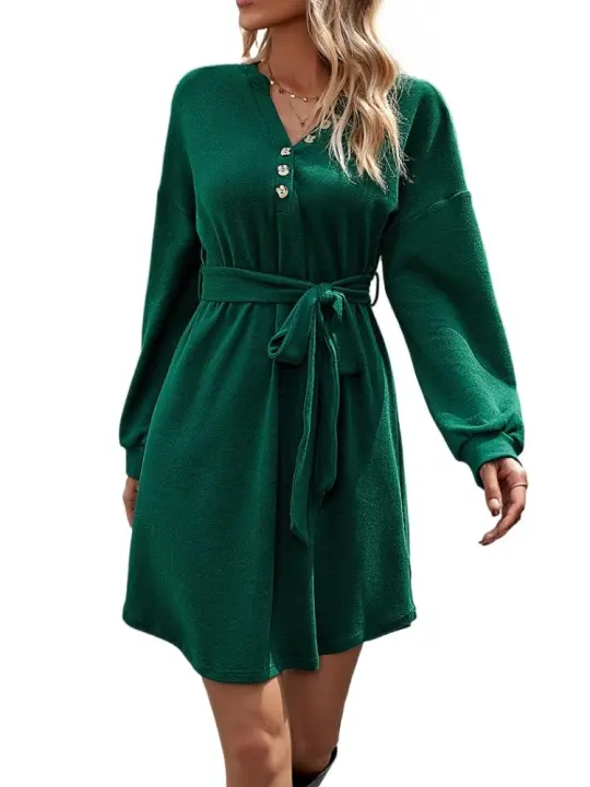 Vestido casual elegante de manga larga para mujer con cuello en V distintivo - 1