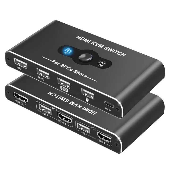 Conmutador KVM HDMI, Conmutador KVM 4K @60Hz USB para 2 Computadoras compartir 1 Monitor y 4 dispositivos USB Teclado y Mouse, con 2 Cable USB Y HDMI,2 adaptadores USB con 2 cables HDMI 2.0, 2 cables USB-A, 1 cable USB-C - 1