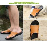 Sandalias de cuero para hombres Zapatillas de playa de verano Sandalias genuinas Zapatillas planas transpirables huecas Zapatillas casuales - details 1