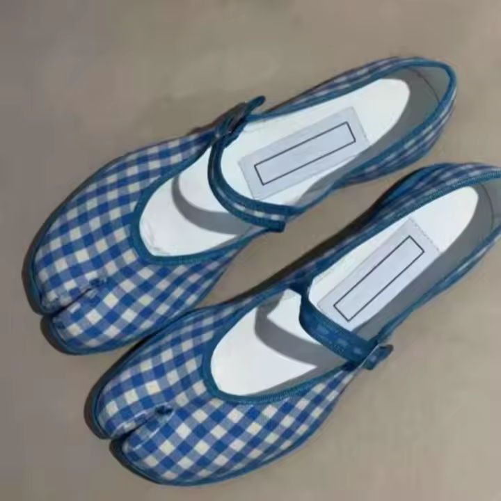 Novedad de verano, zapatos planos de ballet con botones y lona a cuadros coloridos para mujer, zapatos Tabi Mary Jane de estilo dulce para niñas - 1
