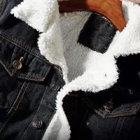 Chaqueta vaquera para hombre con forro de terciopelo, chaqueta resistente al frío de color sólido, chaqueta vaquera de un solo pecho para invierno, ropa de calle - details 8