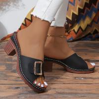 Sandalias de moda de color sólido para mujer, con hebilla, cinturón, informales, tacón grueso, diapositivas versátiles de verano - details 8