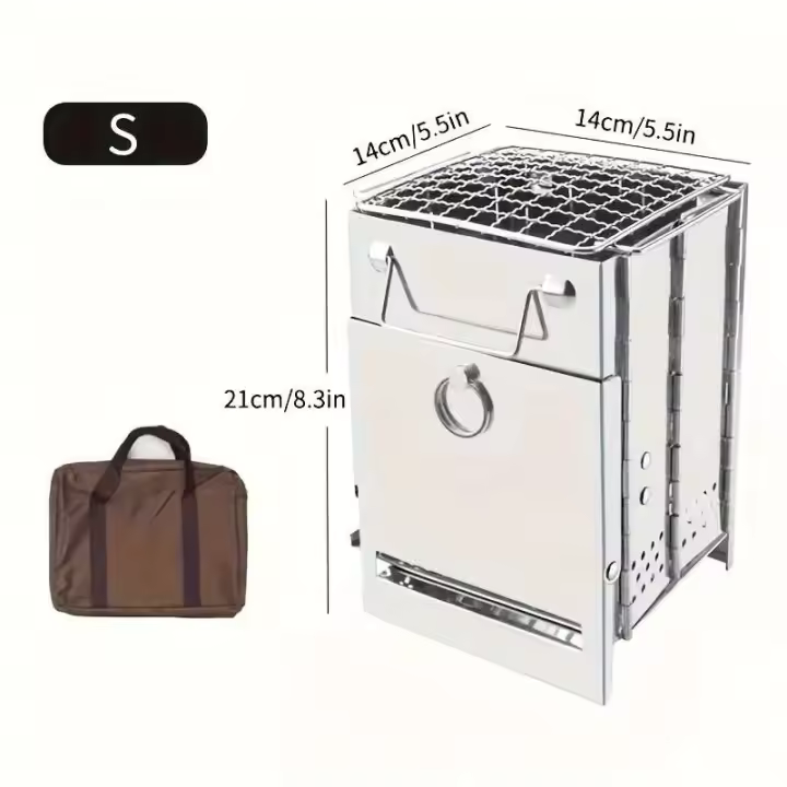 Estufa de leña plegable portátil de acero inoxidable, estufa de camping con mini parrilla, parrilla de barbacoa ligera - 1
