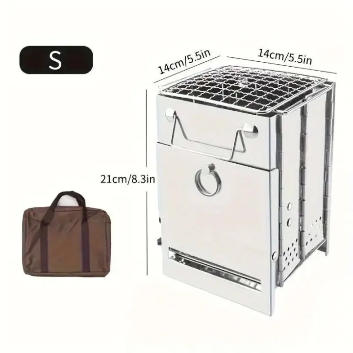 Estufa de leña plegable portátil de acero inoxidable, estufa de camping con mini parrilla, parrilla de barbacoa ligera - 1