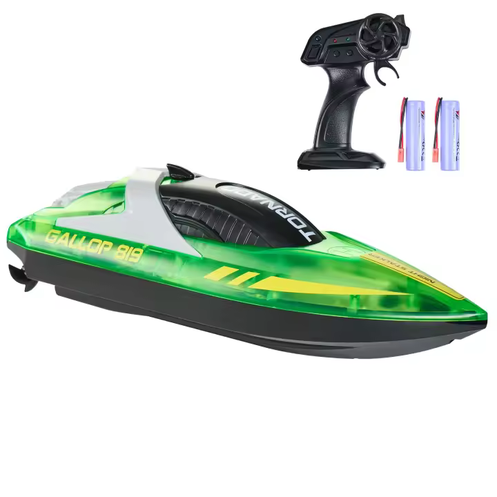 SucceBuy Barco RC, 2,4 GHz 12 km/h, para piscinas y lagos, barco de carreras con luz LED, 2 baterías recargables, totalmente impermeable, juguete para jugar en el agua, regalo para adultos, niños y niñas, verde - 1