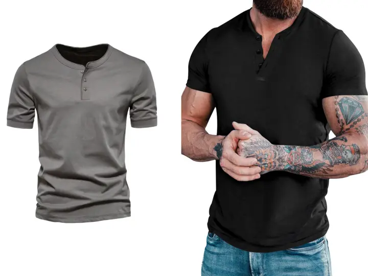 Camiseta de manga corta Henley para hombre, ropa informal de algodón, M-6XL, negro, gris oscuro, paquete de 2 - 1