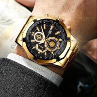 Reloj de cuarzo con banda de acero para negocios, WOKAI de lujo de alta calidad, dorado, con calendario deportivo, resistente al agua, retro - details 0