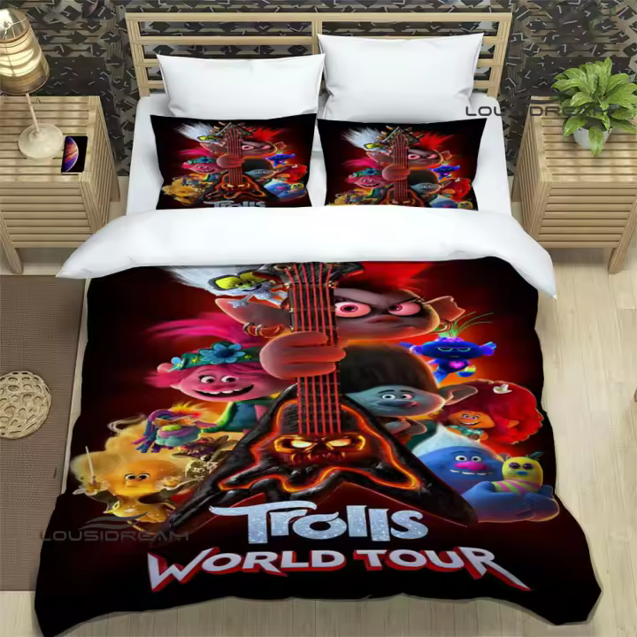 Exquisito Juego de Ropa de Cama de Trols de Dibujos Animados Cubierta de Edredón, Cojín, Funda de Cama Regalo de Cumpleaños de Lujo - 1