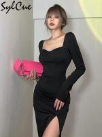 Vestido de manga larga con hombros descubiertos y cuello cuadrado - details 4